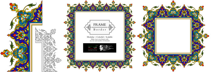Frame mandala persian arabic turkish islamic hindi indian tibetan traditional colorful vector pattern texture vintage ornate retro elegant ornamental borders frames floral ornaments tazhib 12-v3