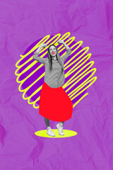 Creative photo collage artwork poster postcard of bright happy young lady rejoice discounts new collection isolated on painting background