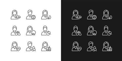 Hospital services pixel perfect linear icons set for dark, light mode. Cardiologist, gastroenterology. Diagnostics. Thin line symbols for night, day theme. Isolated illustrations. Editable stroke