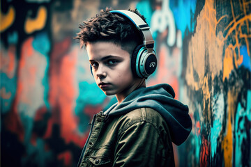 portrait of a boy with headphones on a graffiti background (AI generative)