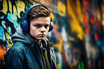portrait of a boy with headphones on a graffiti background (AI generative)