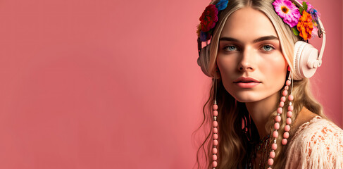 portrait of a woman with headphones on a pink background (AI generative)