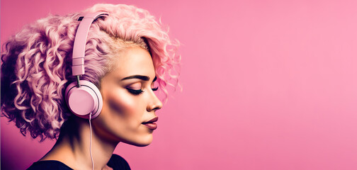 portrait of a woman with headphones on a pink background (AI generative)