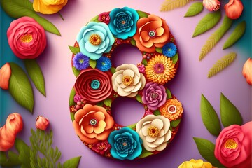 Number 8 made of flowers wallpaper with copy space for International women`s day generative ai