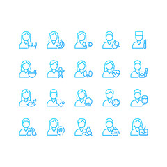 Medical services pixel perfect gradient linear vector icons set. Doctor checkup. Medical clinic departments. Thin line contour symbol designs bundle. Isolated outline illustrations collection