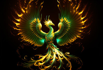 Beautiful green phoenix with golden wings isolated on black background. 
Digitally generated AI image.