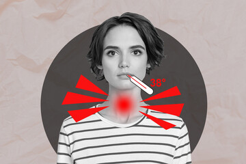Creative collage image of black white effect sick girl hold thermometer mouth throat pain isolated...