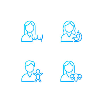 Mother and child health pixel perfect gradient linear vector icons set. Mammography and gynecology. Prenatal care. Thin line contour symbol designs bundle. Isolated outline illustrations collection
