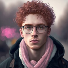 Fototapeta na wymiar portrait of a handsome young man with brown curly hair wearing glasses generative ai