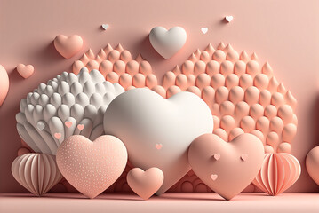 Valentines Day with many 3D Rendering Hearts in pink, rose and orange