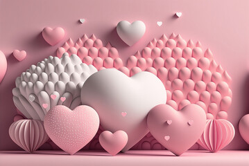 Valentines Day with many 3D Rendering Hearts in pink, rose and orange