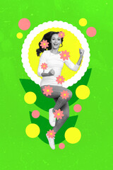 Vertical collage image of delighted black white gamma girl jumping raise fists celebrate painted...