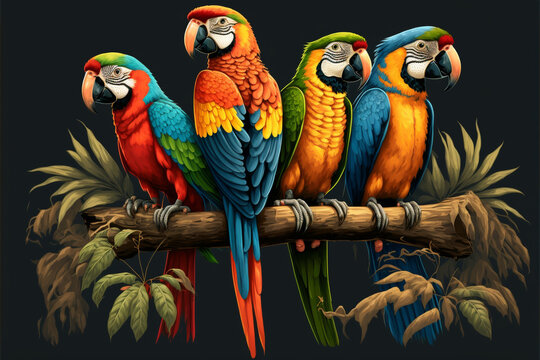 Bright parrots sit on a tree branch. AI generated