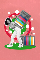 Vertical collage image of cheerful black white colors girl hands hold vintage tv isolated on...