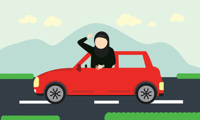 Arab Girl or woman driving a car being happy after getting permission to Drive. Arab woman 
driving red car on highway. Vector, illustration