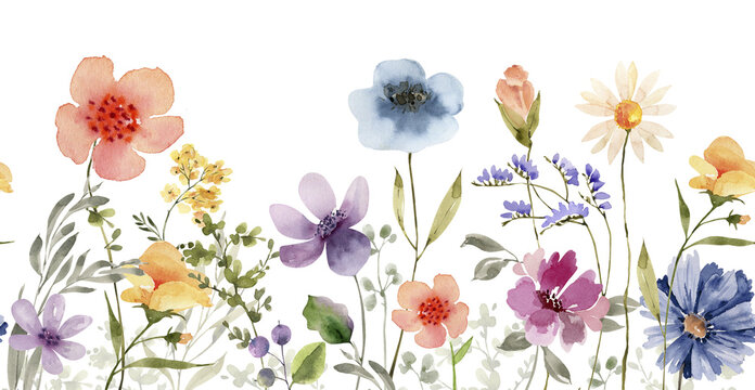 Seamless border with delicate multicolored meadow flowers, watercolor illustration.	
