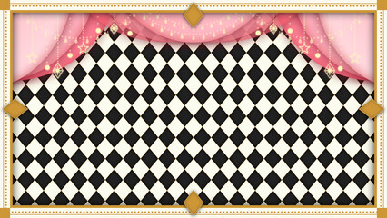 【8K】アリス風ダイヤのクラシックフレームとピンクのカーテン　黒色のダイヤ模様