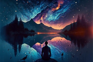 Reflections of Beauty: A landscape of a serene lake with a reflection of the mountains, clouds, and trees