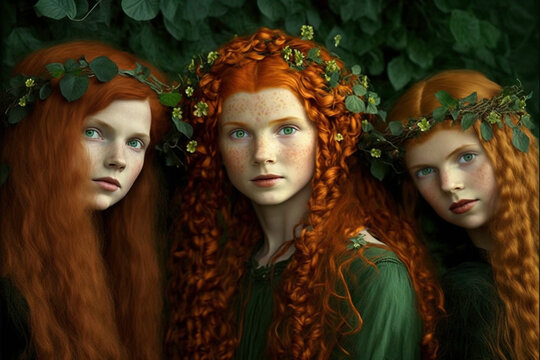 Red haired girls wearing green generative ai