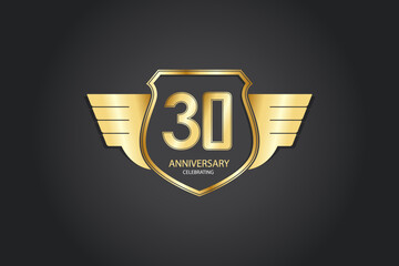 30 years anniversary logotype 3D golden stylized modern shape winged shield on black background
