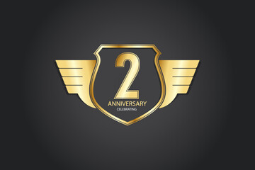 2 years anniversary logotype 3D golden stylized modern shape winged shield on black background