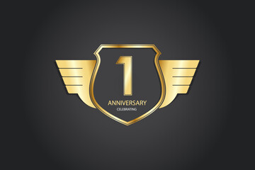 1 years anniversary logotype 3D golden stylized modern shape winged shield on black background