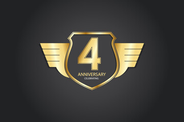 4 years anniversary logotype 3D golden stylized modern shape winged shield on black background