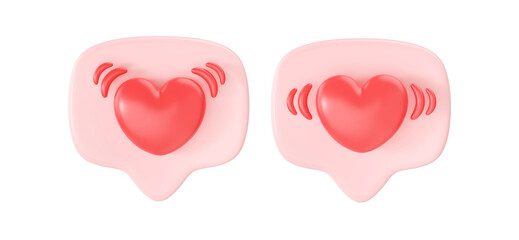 3d social media love heart icons render - message red bubble for chat and network speech on mobile phone