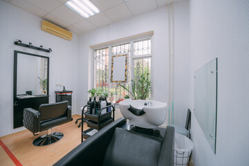 Modern interior of a hairdressing salon. Nobody.