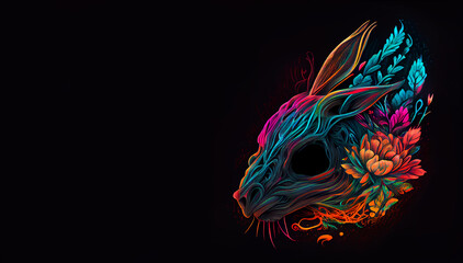 Rabbit skull with flowers. AI generative.