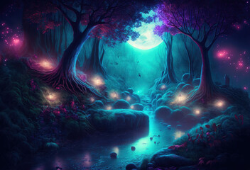 Fantasy illustration of magical fairy tale forest with fireflies