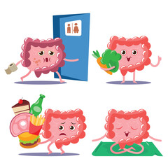 vector, illustration style intestine gut cartoon set, diarrhea by bacteria, unhealthy and healthy food, rest bowel.