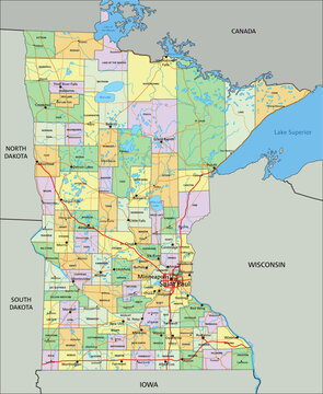 Minnesota - Highly detailed editable political map with labeling.
