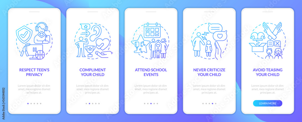 Poster promoting self esteem in teens blue gradient onboarding mobile app screen. walkthrough 5 steps graph