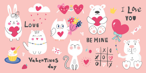 Cute valentines day stickers for planner, love letter or diary. Cartoon decoration, hand drawn design elements. Vector set of romantic stickers.