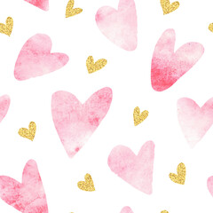 Watercolor and gold glitter hearts on white background. Seamless pattern for covers, cards, textiles, Valentine's Day greetings and more