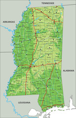 High detailed Mississippi physical map with labeling.