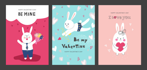 Set of Valentine's Day cards with cute hand drawn bunnies.Vector illustration for postcards,posters, coupons, promotional material