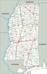 High detailed Mississippi road map with labeling.
