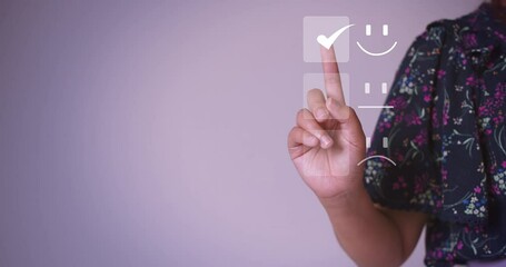 Satisfaction For the Customer service concept, Business people are touching the virtual screen on the happy smile face icon to give satisfaction in service. rating very impressed.