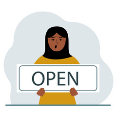A woman holds a board with the text OPEN in his hands. Advertising poster.