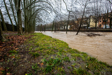 Floods in Olot town, La Garrotxa, Girona, Spain. January 2020