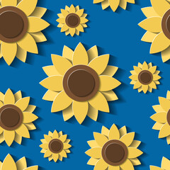 Floral seamless pattern. 3d Sunflowers on blue background. Yellow flowers in paper cut style. Vector illustration.	

