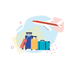 Promotion banner with cartoon tourists bags and airplane taking off. Tourism and summer holidays. Vector illustration in flat design. Travel around the world