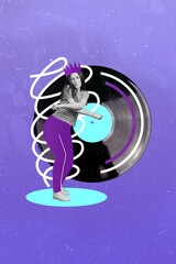Vertical collage image of black white gamma carefree girl dancing big vinyl record painted crown...