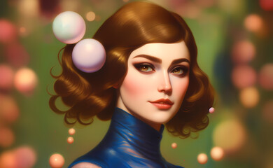 Fototapeta premium A fashionable woman surrounded by colourful bubbles