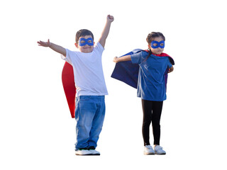Portrait of adorable kids boy and girl having fun outdoors. Children play superhero