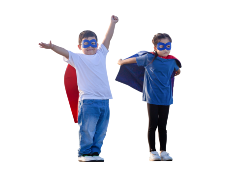 Portrait of adorable kids boy and girl having fun outdoors. Children play superhero