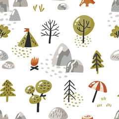Cartoon seamless camp pattern, travel and overnight in the forest. Camper, camp tent, hammock, tree, fire. Outdoor Camping Adventure Elements. Vector illustration on white background