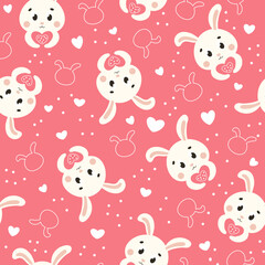 Cute Valentine themed seamless pattern with bunny character and hearts on pink background. Ornament for print, textile or wrapping paper in childish style